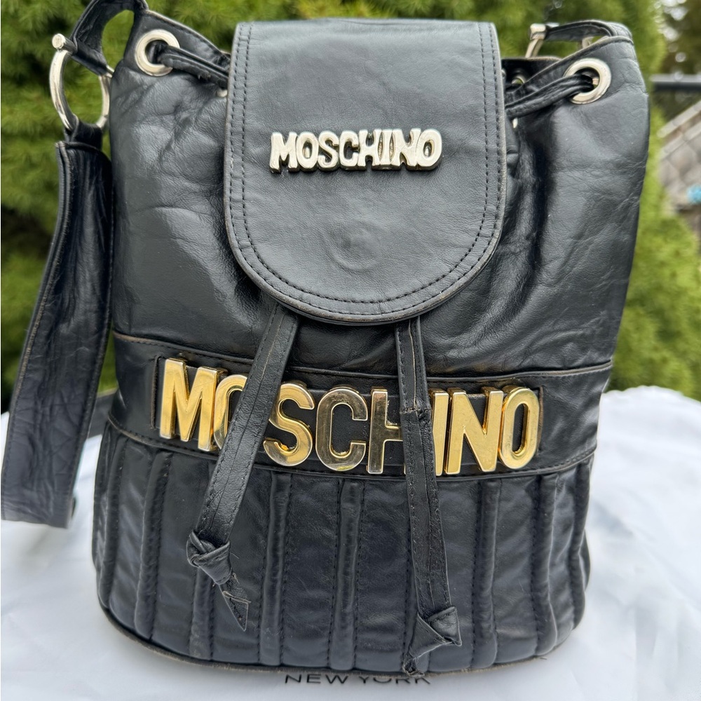 Moschino Black Leather Logo Bucket Crossbody